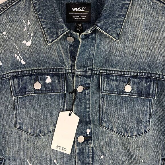 New WeSC Men US M Classic Casual Jacket White Paint Splatter Blue Denim | $220 - Picture 14 of 15